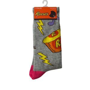 Reese’s Candy Lightning Bolt Gray Crew Socks Pink Toe Mens 10-13 Fun Graphic New